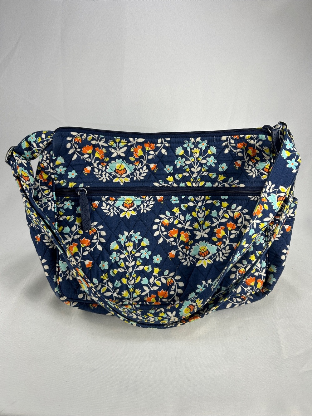 Vera Bradley Navy Quilted Floral Shoulder Bag with Orange and Aqua Accents